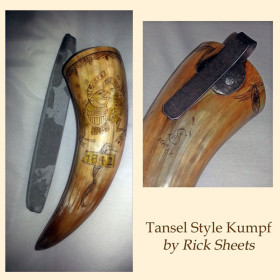 Tansel Style Kumpf or Whetstone Horn Here is horn that is adapted with a belt hook; it holds a whetstone for sharpening a scythe blade in the field.  The Tim Tansel style engraving is contemporaneous to the style of the kumpf.