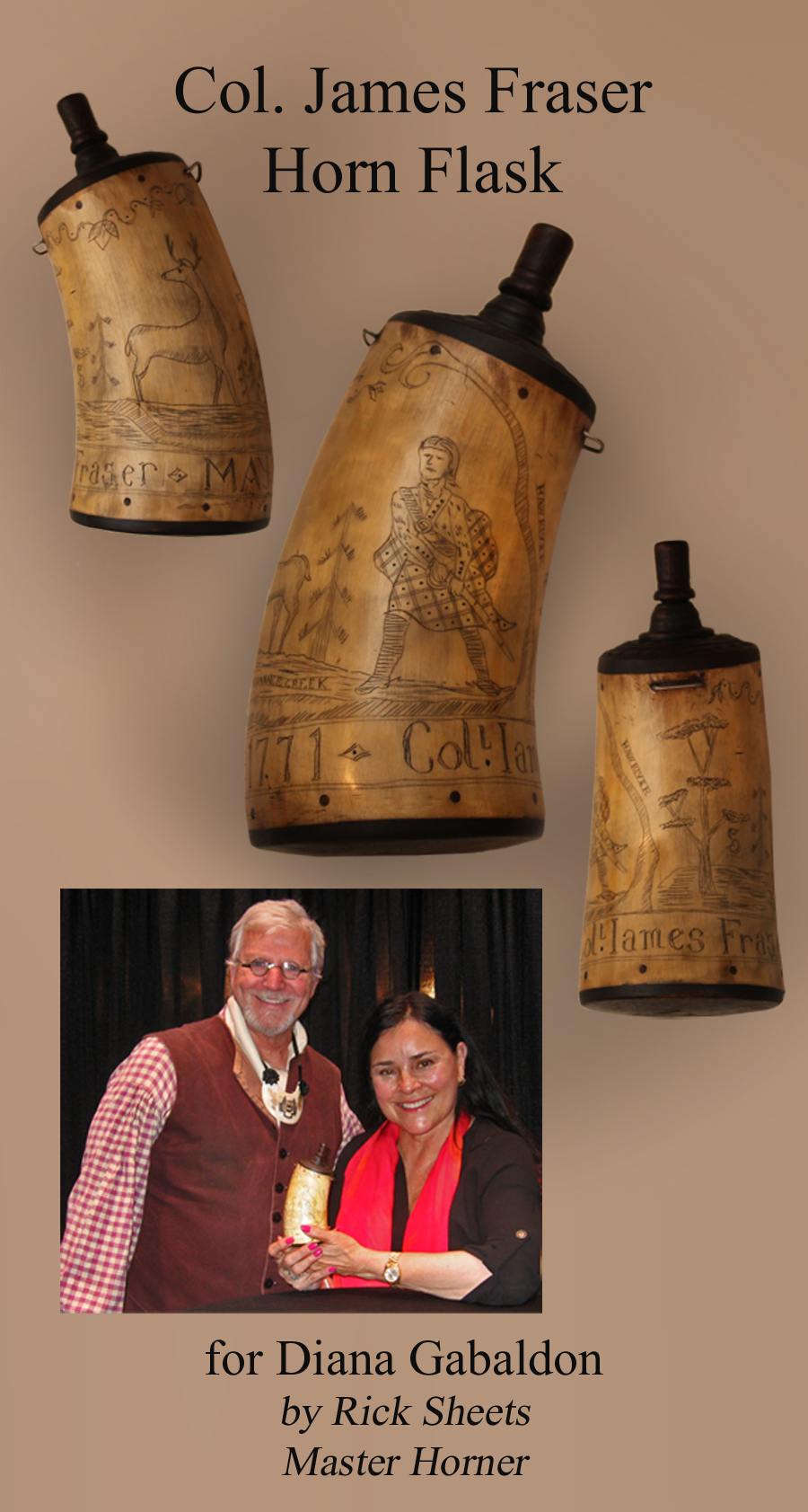 I worked with Alamance Battleground on making an official gift for Diana Gabaldon, author of the Outlander series, as thanks for her fundraising tour for our state historic sites. The theme of the horn flask is a Highlander (who suspiciously looks a bit like the actor who plays Jamie Fraser) and the Battle of Alamance. She said is was lovely and gave me feedback later how much she loved it